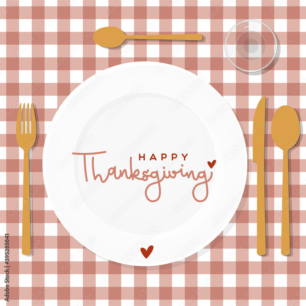 Table set for Thanksgiving Day. Golden cutlery, plate and glass. Burgundy checkered tablecloth background pattern. Vector illustration, flat design Table set for Thanksgiving Day. Golden cutlery, plate and glass. Burgundy checkered tablecloth background pattern. Vector illustration, flat design