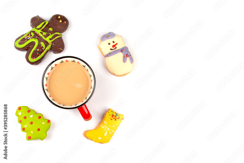 Christmas composition. mug with cocoa, gingerbread cookies and decorations on a white background. Christmas, winter, new year concept. Flat lay, top view, copy space