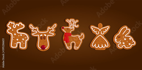 Christmas gingerbread animal cookies set collection, dove, reindeer, angel, rabbit, vector illustration