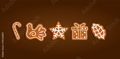 Christmas gingerbread cookies set collection, lollipop, dove, star, box, gift, leaf vector illustration