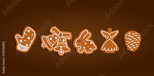 Christmas gingerbread cookies set collection, animals, rabbit, cone, mitten,  angel,  vector illustration