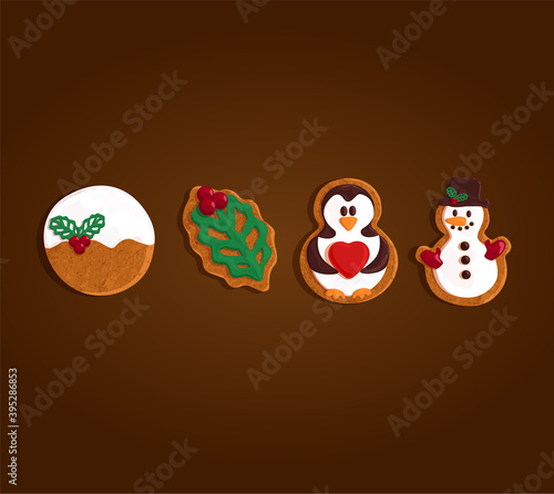 Christmas gingerbread cookies set collection, tree, ball, snowman, holly wood leaf, reindeer, vector illustration