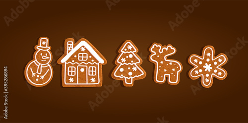 Christmas gingerbread cookies set collection, snowman, snowflake, house, tree, angel, reindeer, vector illustration
