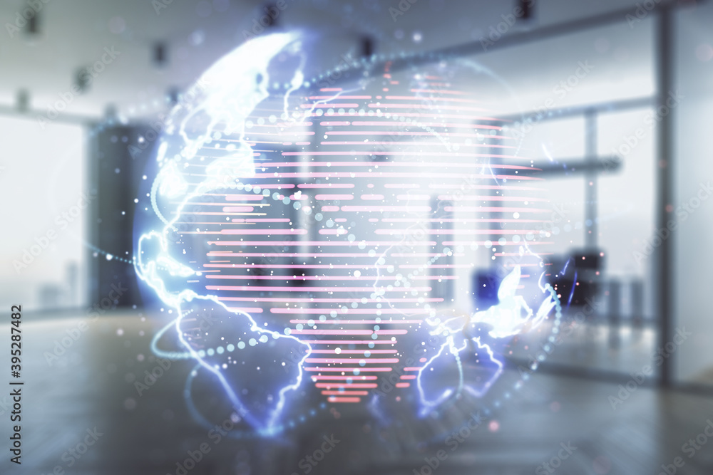 Fototapeta premium Abstract graphic digital world map hologram with connections on a modern furnished classroom background, globalization concept. Multiexposure