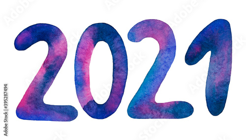 Hand-drawn blue purple watercolor sign 2021 on a white background. New Year eve illustration of number 2021 for your design. Print for a calendar.