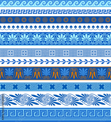 Set of seamless Greek traditional patterns, isolated on white. Blue epochal collection of spare parts for cards, covers, invitations, templates, frames, compositions, needlework, scrapbooking