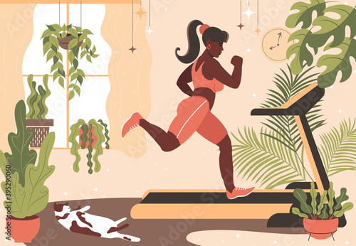 African American girl on a treadmill at home. Sports in a cozy boho-style room with house plants and a cat. Trendy vector illustration