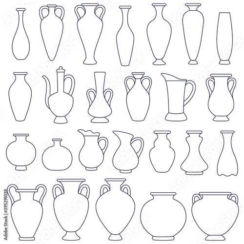 Set of classic urns  greek vases and amphorae. Outline design of antique jugs  isolated on white background. Traditional pots and household utensils for promoting your flowers   food  drinks  etc.