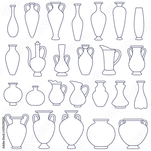 Set of classic urns, greek vases and amphorae. Outline design of antique jugs, isolated on white background. Traditional pots and household utensils for promoting your flowers,  food, drinks, etc.