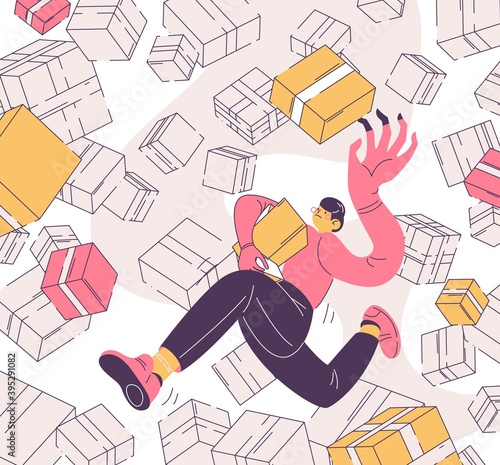 OCD vector concept illustration with man buying things in boxes. Outline scene in pink and yellow about obsessive compulsive disorder