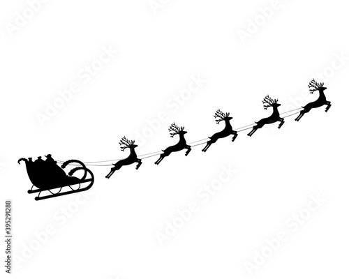 Santa claus flies with gifts on a sleigh in a reindeer sled for christmas and new year. Vector illustration for the holiday
