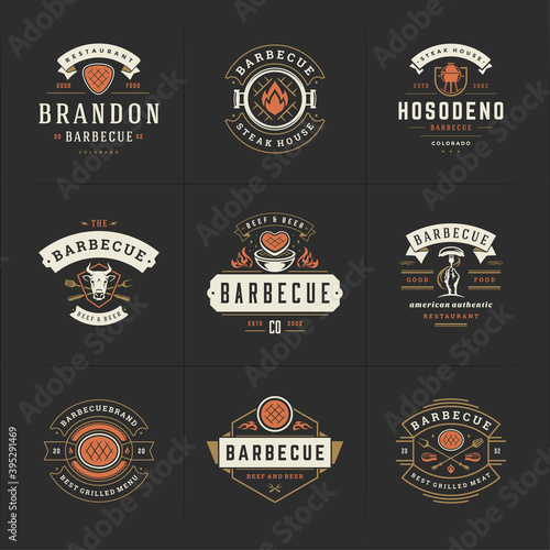 Grill and barbecue logos set vector illustration steak house or restaurant menu badges with bbq food silhouettes