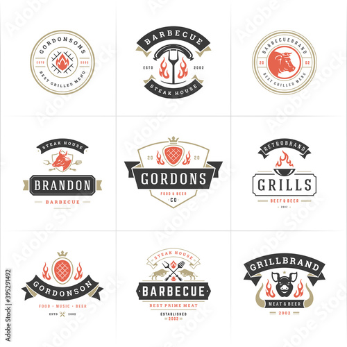 Grill and barbecue logos set vector illustration steak house or restaurant menu badges with bbq food silhouettes