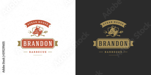 Barbecue logo vector illustration grill steak house or bbq restaurant menu emblem cow head with flame silhouette