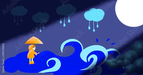 illustration of a boy in an orange raincoat with an umbrella stands in the sea during the rain. The great white moon shines in the sea