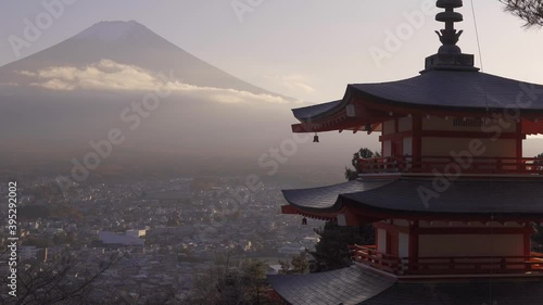 Wallpaper Mural Slow tilt up over Chureito Pagoda and Mt. Fuji with wide city sprawl in frame Torontodigital.ca