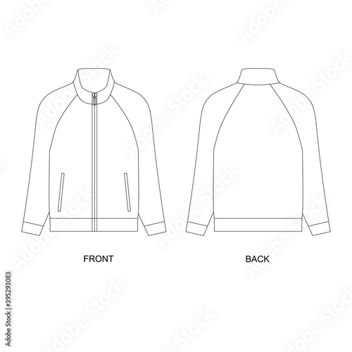 illustration of jacket vector. Zipped jacket vector. Front zip jacket. Technical sketch sport long sleeved sweatshirt. photo
