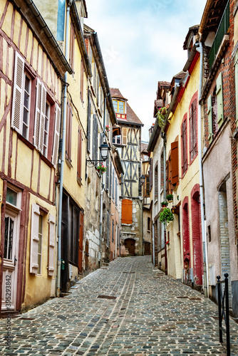 Old medevial street with ancient houses and cobblestones in Old house in Joigny  Burgundy France