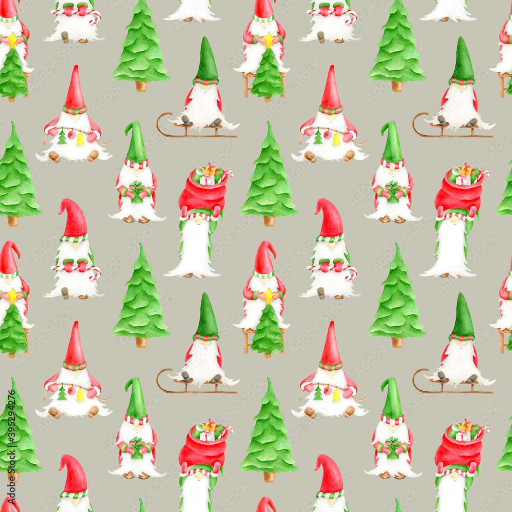 Watercolor seamless pattern with Christmas gnomes. Hand drawn cute winter elves with christmas tree, sleigh, candy cane. Scndinavian characters isolated on white background for new year, noel, xmas