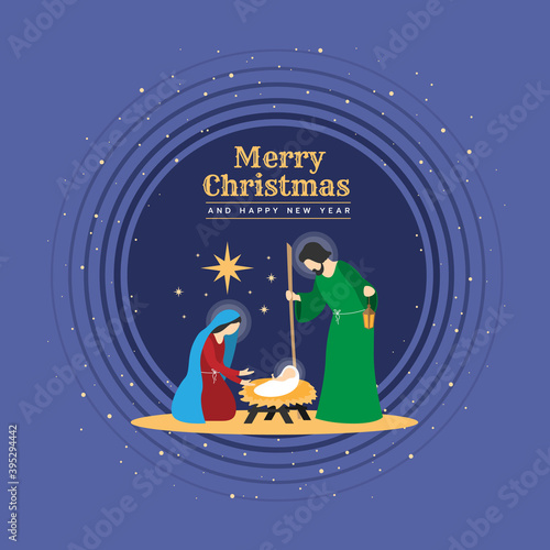 Merry christmas vector illustration - Birth of Christ Birthday Jesus , Nightly christmas scenery mary and joseph in a manger with baby Jesus on circle purple background