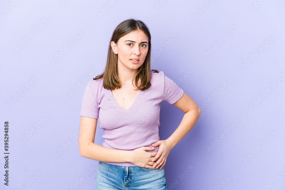 Young caucasian woman having a liver pain, stomach ache. Young caucasian woman having a liver pain, stomach ache.