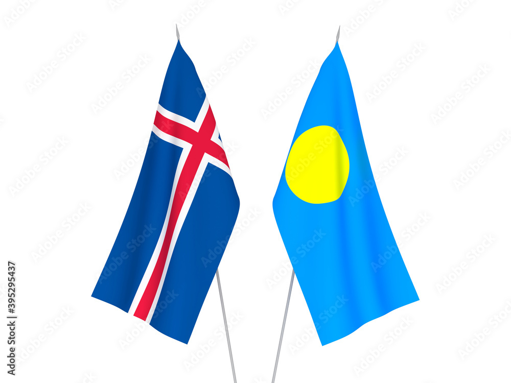 National fabric flags of Iceland and Palau isolated on white background. 3d rendering illustration.