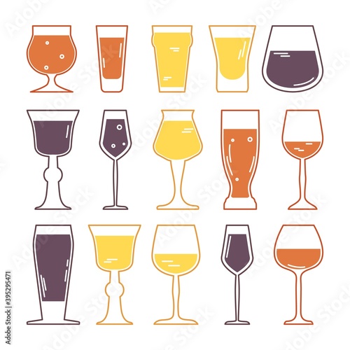 Various glasses for alcohol cocktails and shots in outline style. Vector collection for bar or barmen show isolated on white