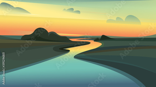 River landscape at sunset. Beautiful nature scenery.