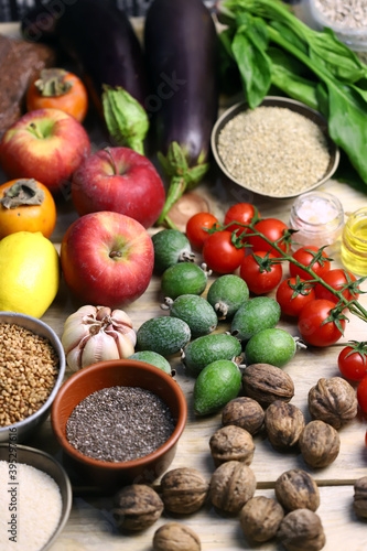 A set of healthy foods for proper nutrition. Vegetables  fruits  cereals  seeds  nuts.