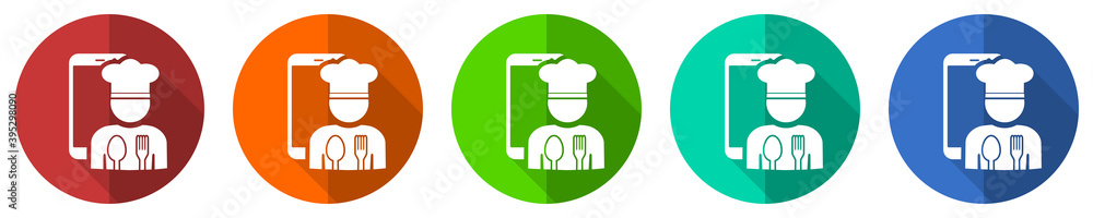 Mobile phone, online restaurant, chef vector icon set, red, blue, green and orange flat design web buttons isolated on white, vector illustration Mobile phone, online restaurant, chef vector icon set, red, blue, green and orange flat design web buttons isolated on white, vector illustration