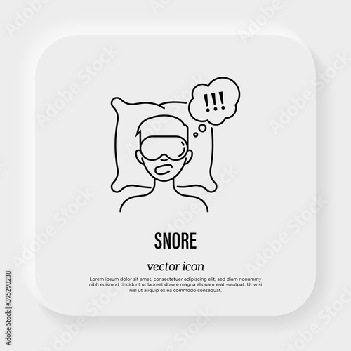 Man is sleeping on pillow in eye mask and snoring. Thin line icon. Vector illustration.