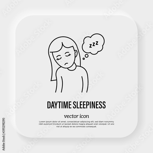 Daytime sleepiness, insomnia. Tired girl wants to sleep. Thin line icon. Vector illustration.