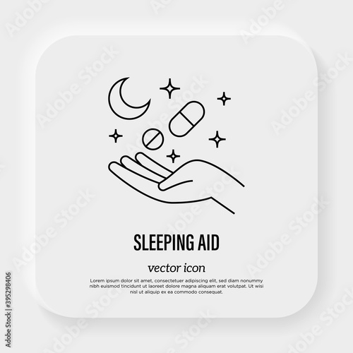 Sleeping pill in hand. Insomnia treatment. Thin line icon. Vector illutration.