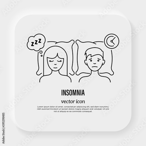 Insomnia: tired man lying on pillow and girl is sleeping near. Sleepless, depression, stress. Flat gradient icon. Vector illustration.