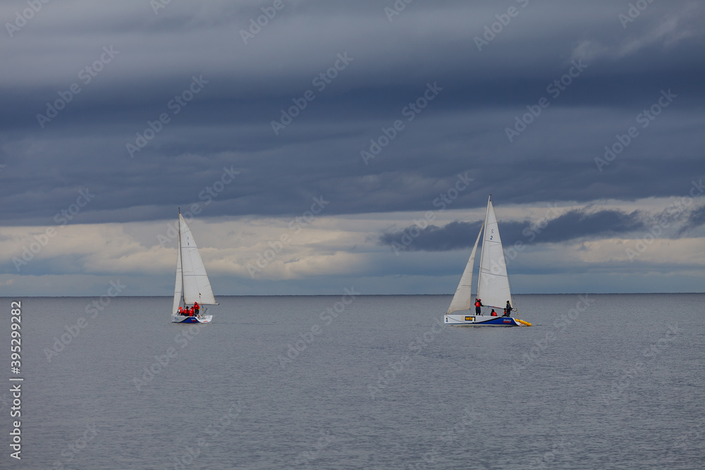 Obraz premium KAKUMAE, ESTONIA - MAY, 30, 2020: Cloudy spring day at the yacht port near Tallinn