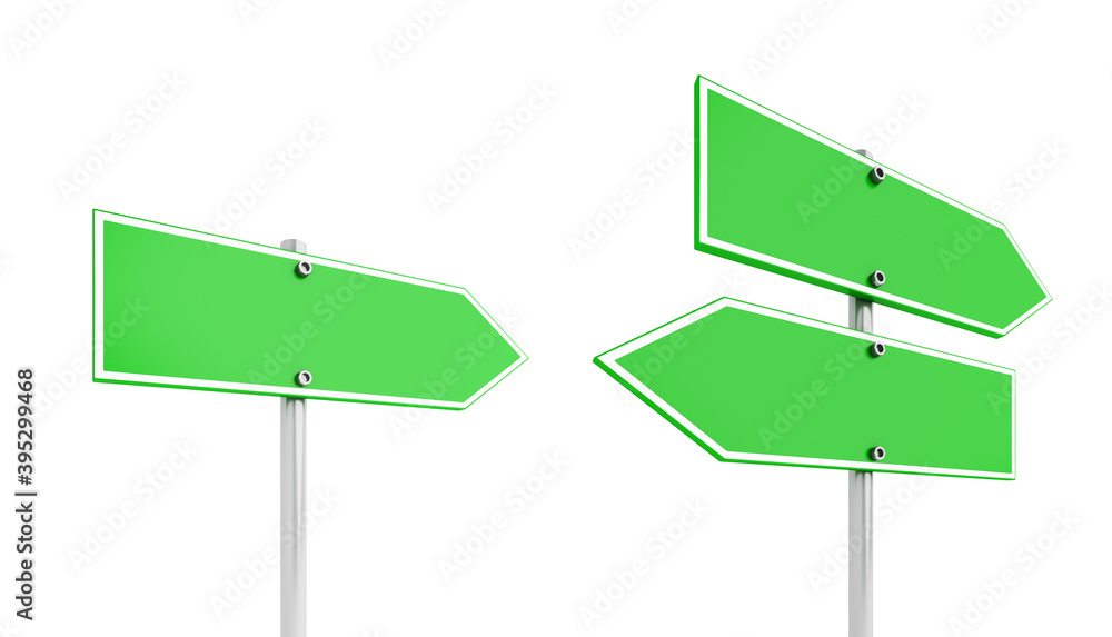 Blank green road sign isolated on white background, 3D rendering illustration Blank green road sign isolated on white background, 3D rendering illustration