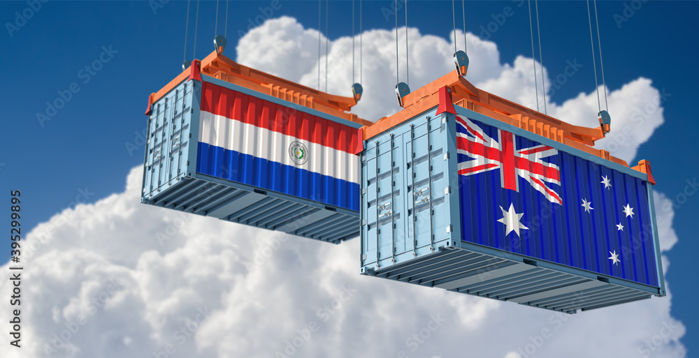 Freight containers with Australia and Paraguay national flags. 3D Rendering 