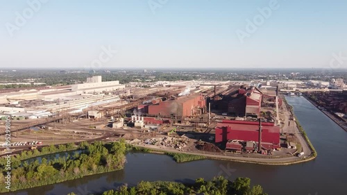 Industrial Plants Operating At Daytime - Ford And AK Steel Caster At Rouge River, Detroit - aerial drone photo