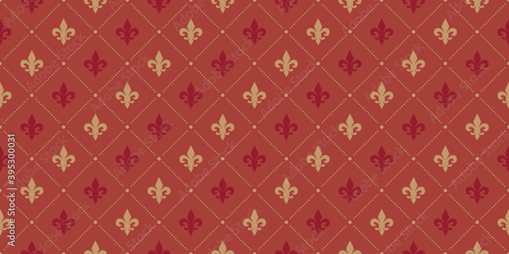 Crimson red and beige Fleur De Lis luxury pattern. Royal ornamental seamless background. Crimson red and beige Fleur De Lis luxury pattern. Royal ornamental seamless background.