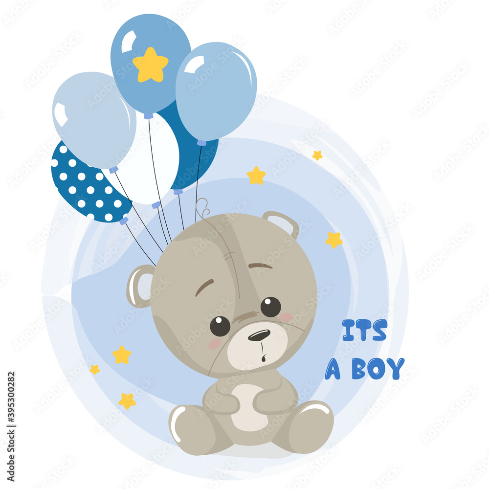 Fototapeta premium baby card baby boy little cute teddy bear blue baby blue cartoon vector