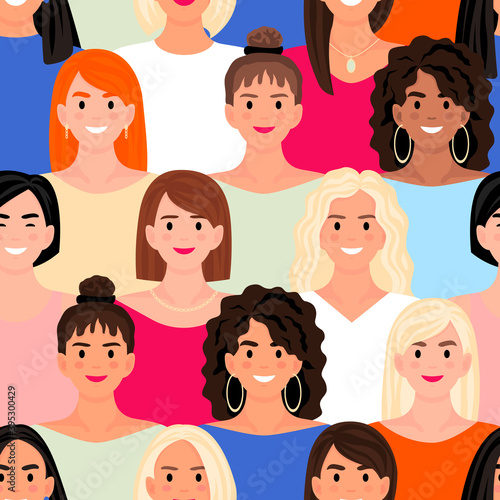 Seamless vector pattern with female avatars in flat style. A diverse group of pretty young women.