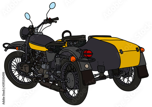 The vectorized hand drawing of a retro yellow and black sidecar