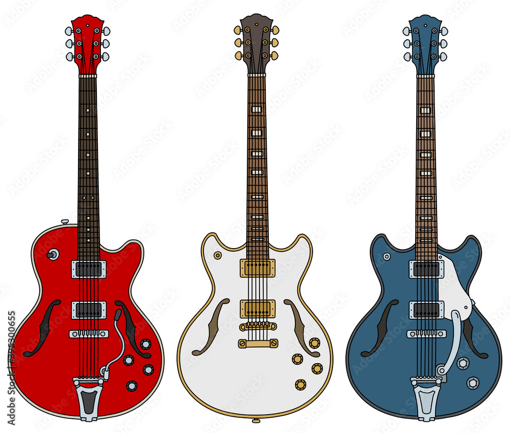 Naklejka premium The vectorized hand drawing of three retro electric guitars