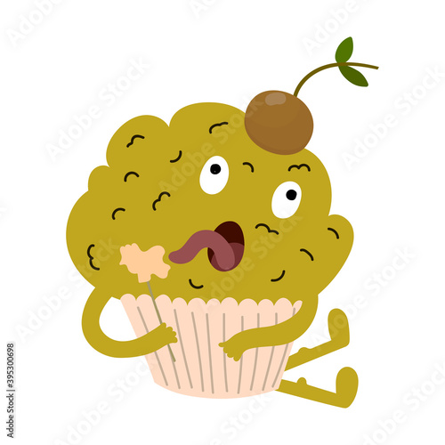 Funny muffin with cerry on it s head  licking a  candy lollipop in the shape of a rooster. Taste of childhood Russian candycockerel lollipop. Cute cartoon cupcake.