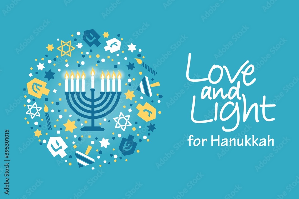 Hanukkah greeting card. Love and Light for Hanukkah lettering with menorah, dreidels, David stars, candles in a circle on blue background. Elegant vector design for Jewish holiday cards, banners.