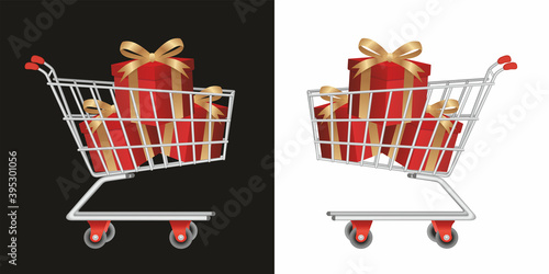 Shopping cart with red presents, gift boxes. The objects is nicely grouped, therefor its easy to take out some present and if you like, put in something else in the cart. Vector illustration. EPS10.