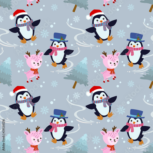 Cute cartoon penguin and deer in winter seamless pattern