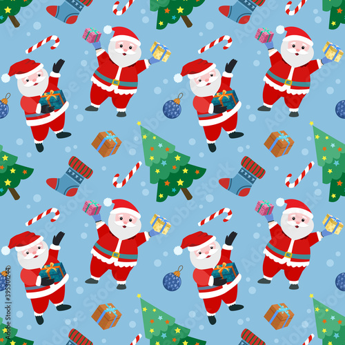 Cute Santa Claus with Christmas tree and gift seamless pattern.