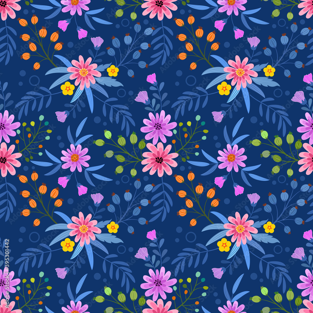 Colorful hand draw flowers on blue background seamless pattern for fabric textile wallpaper.