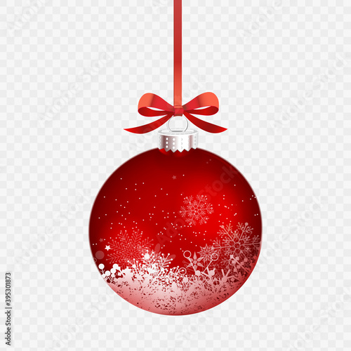 Christmas red ornament with snowflakes inside and long red bow on transparent background.